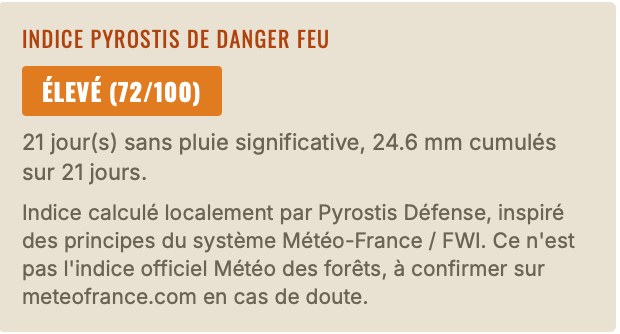 Indice Pyrostis de danger feu affiché dans l'outil, niveau élevé 72 sur 100