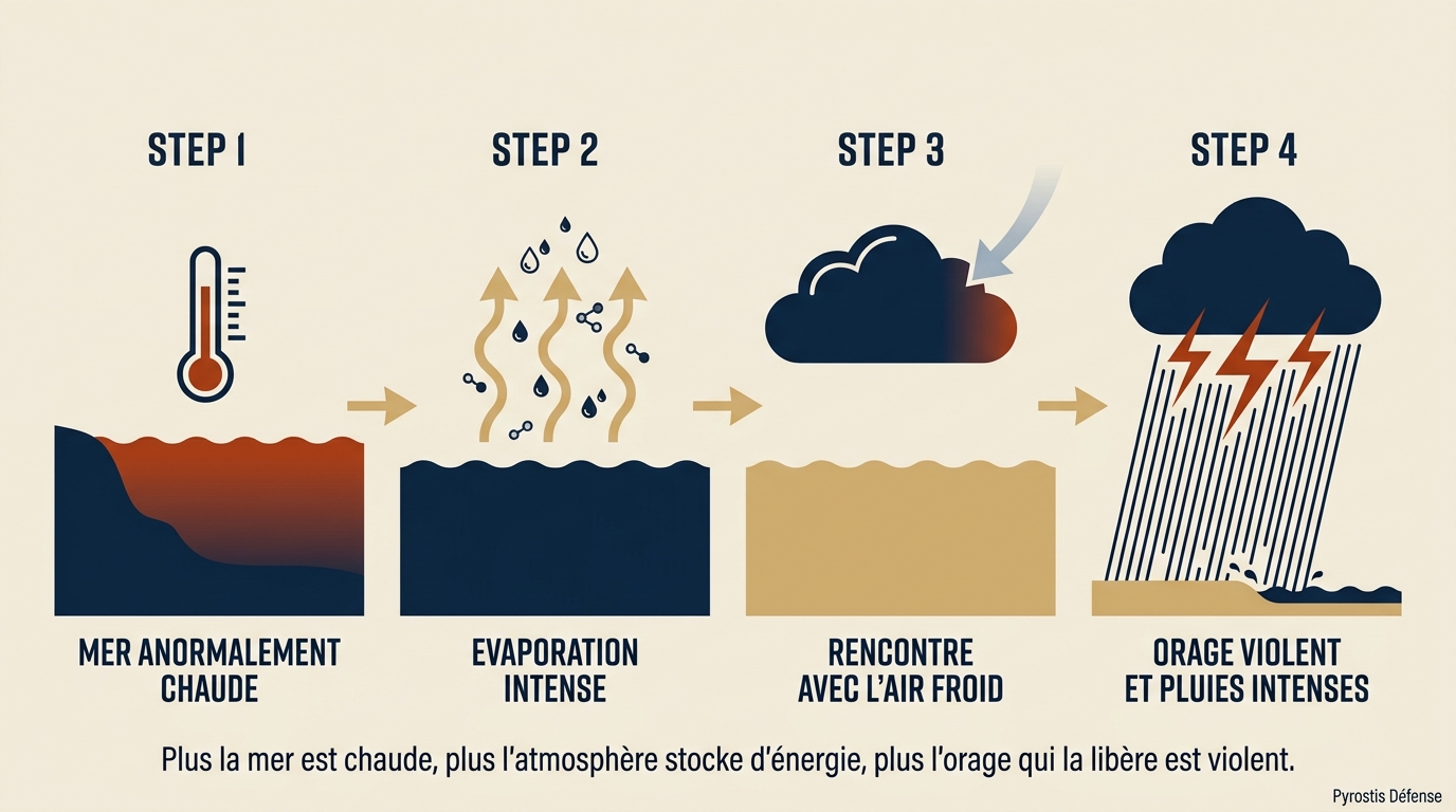 Infographie en 4 étapes : mer anormalement chaude, évaporation intense, rencontre avec l'air froid, orage violent et pluies intenses